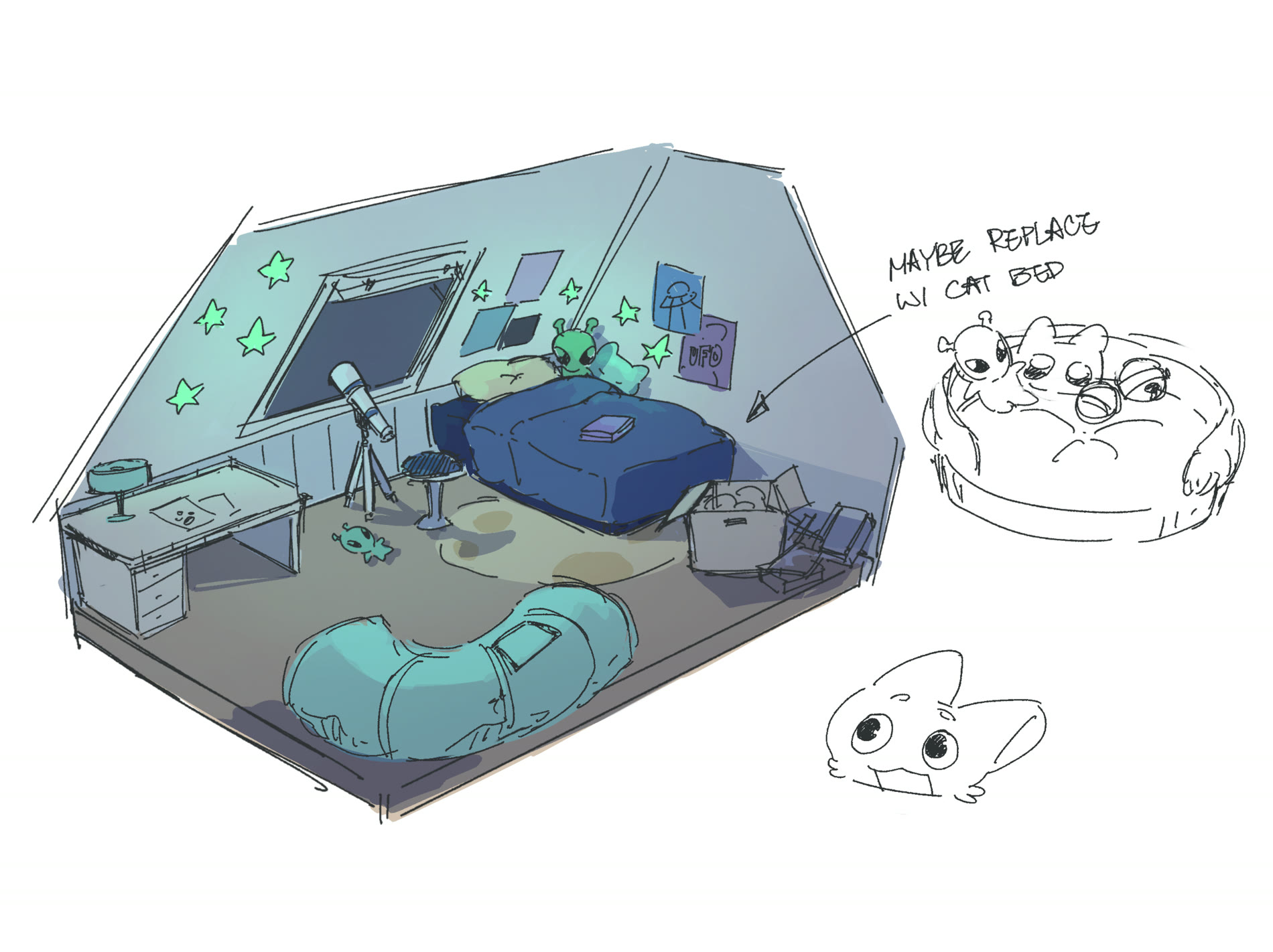 Concept sketch of Aster's attic bedroom: skylight, telescope, glow stars, UFO posters and a green alien plush on the bed