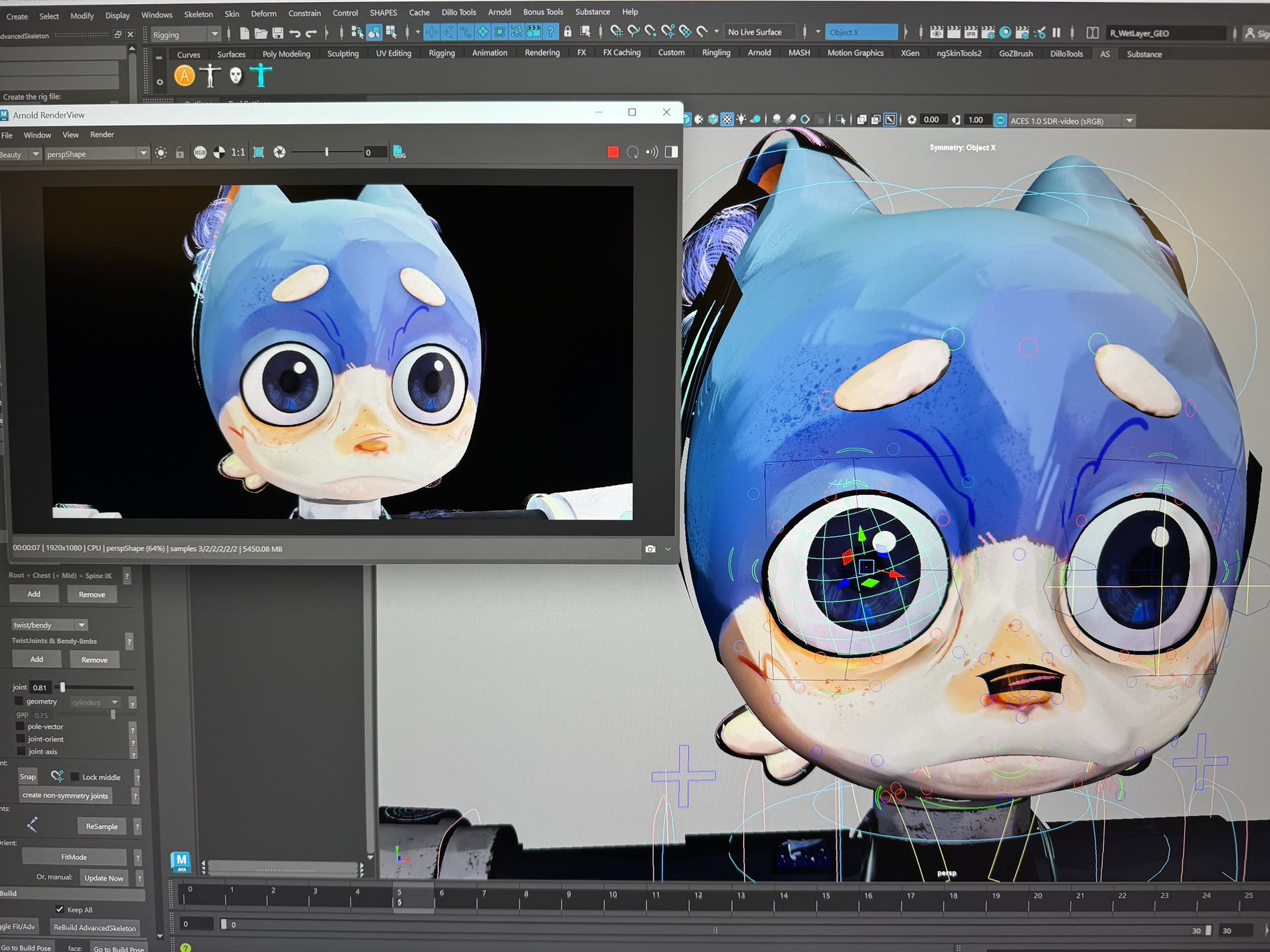 Maya viewport showing Aster's rig controls next to the Arnold render