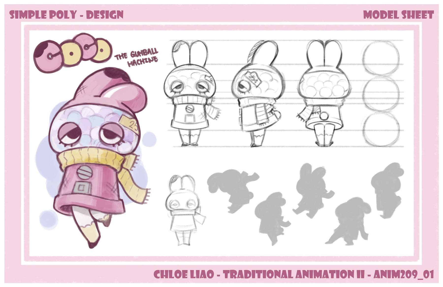 Coco model sheet — coloured design, three-quarter turnaround, silhouettes and expression studies