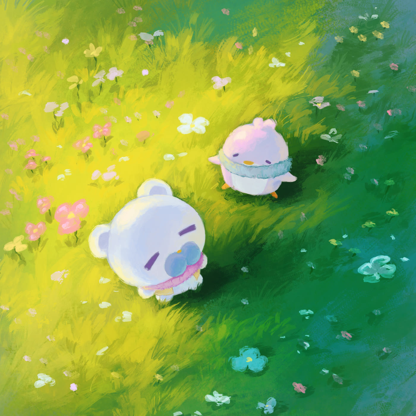 Puff and Binky seen from above, standing in a sunlit field of grass and flowers