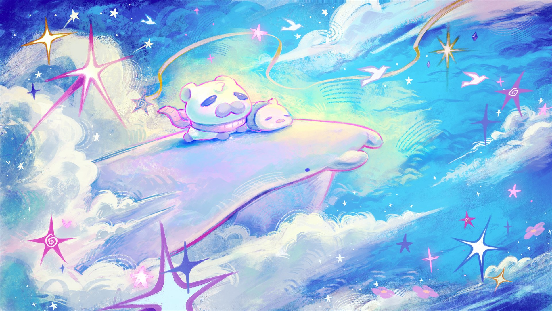 Cub and companion riding a whale through a starry sky