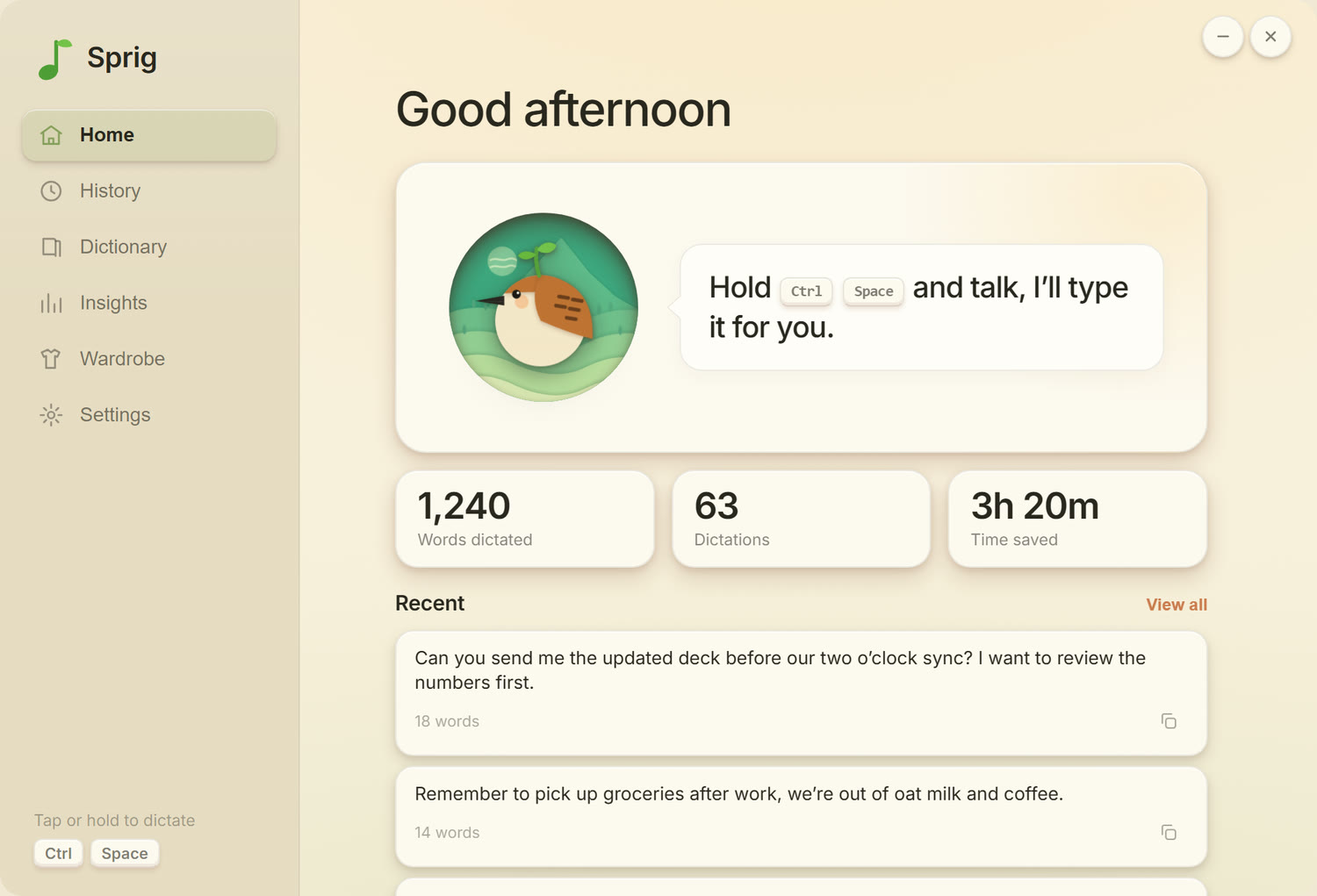 Sprig's home screen, showing the mascot, the hotkey hint, and recent dictations