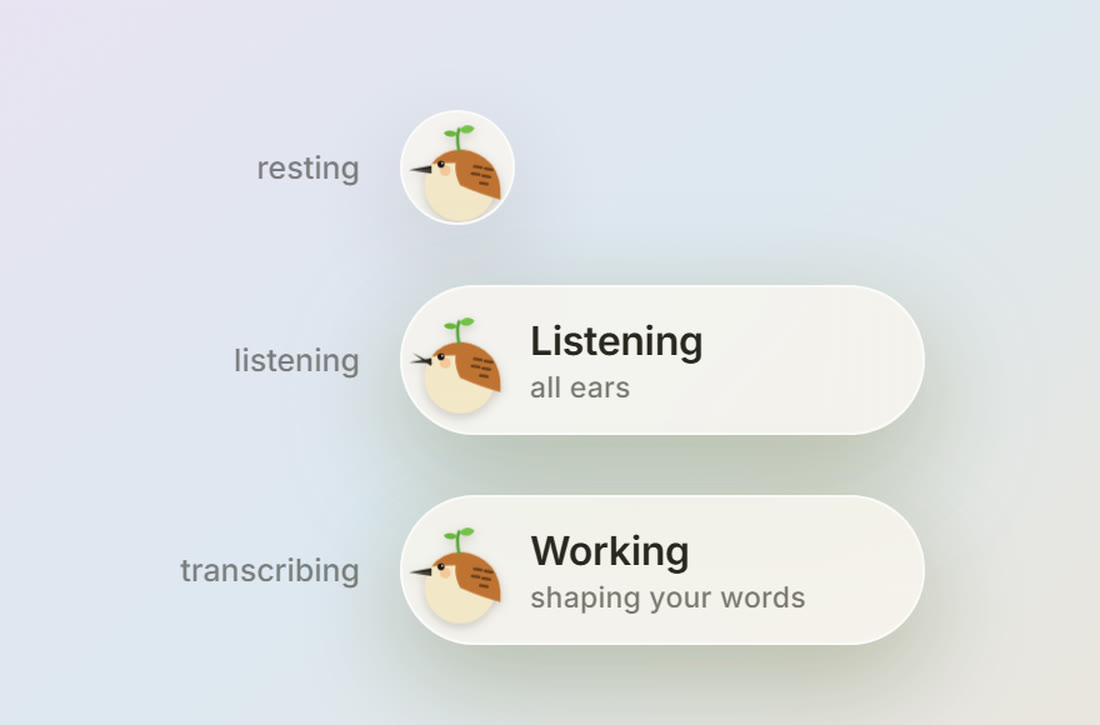 The Sprig pill in its resting, listening, and transcribing states
