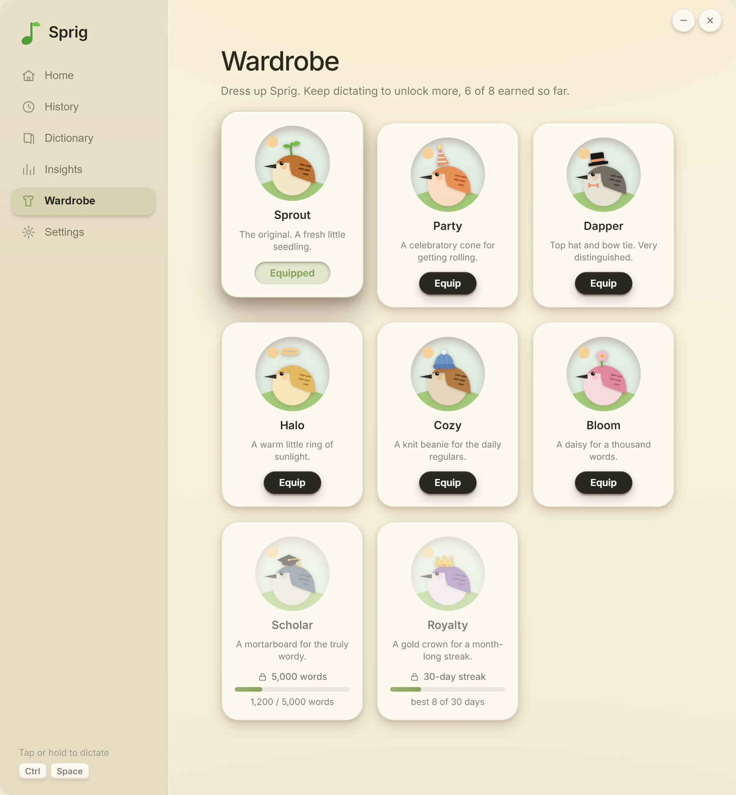 Sprig's wardrobe of outfits that unlock as you dictate
