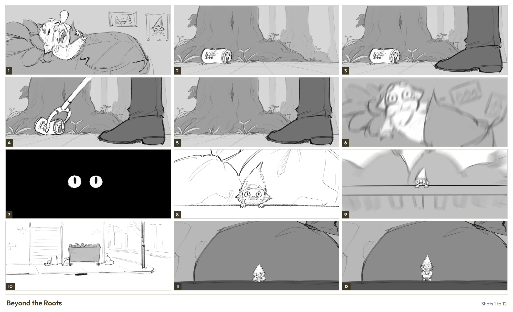 Beyond the Roots, storyboard shots 1 to 12: the gnome asleep at home, the can swept up by a litter picker, and waking in the dark