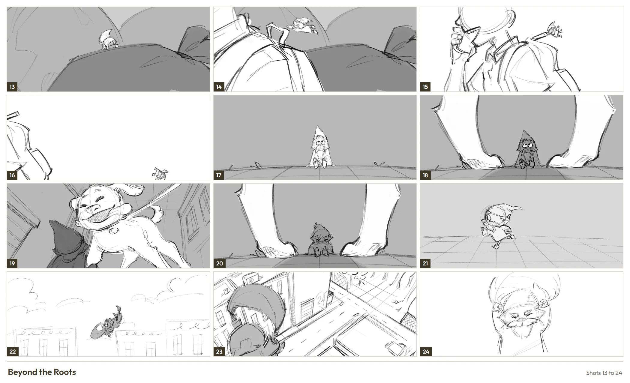 Beyond the Roots, storyboard shots 13 to 24: carried through the city on a backpack, dropped in front of a dog, and the fall