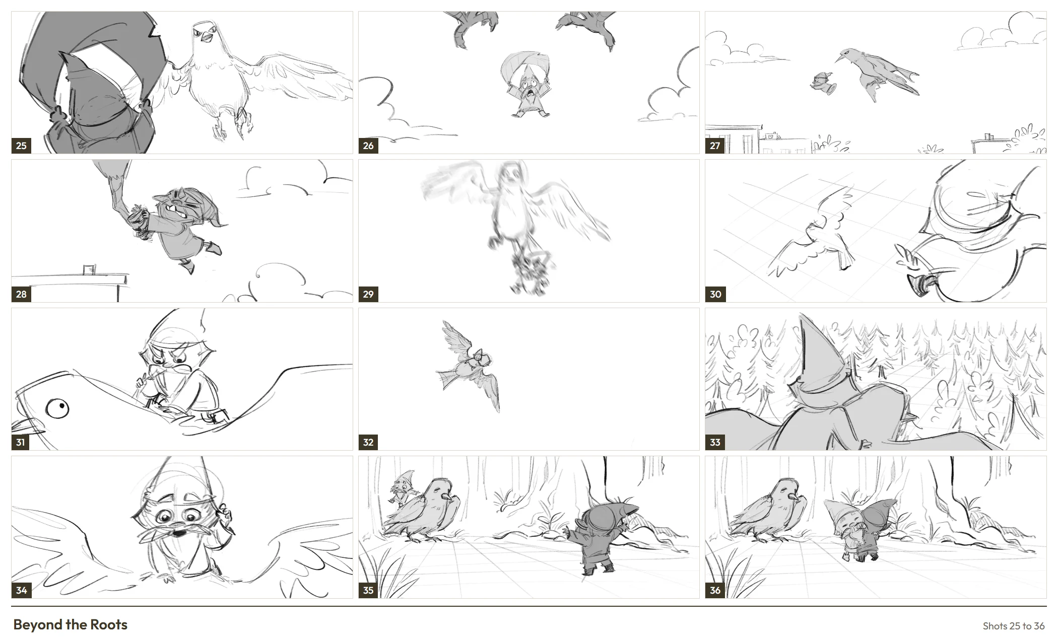 Beyond the Roots, storyboard shots 25 to 36: the bird catches him and carries him home to the forest