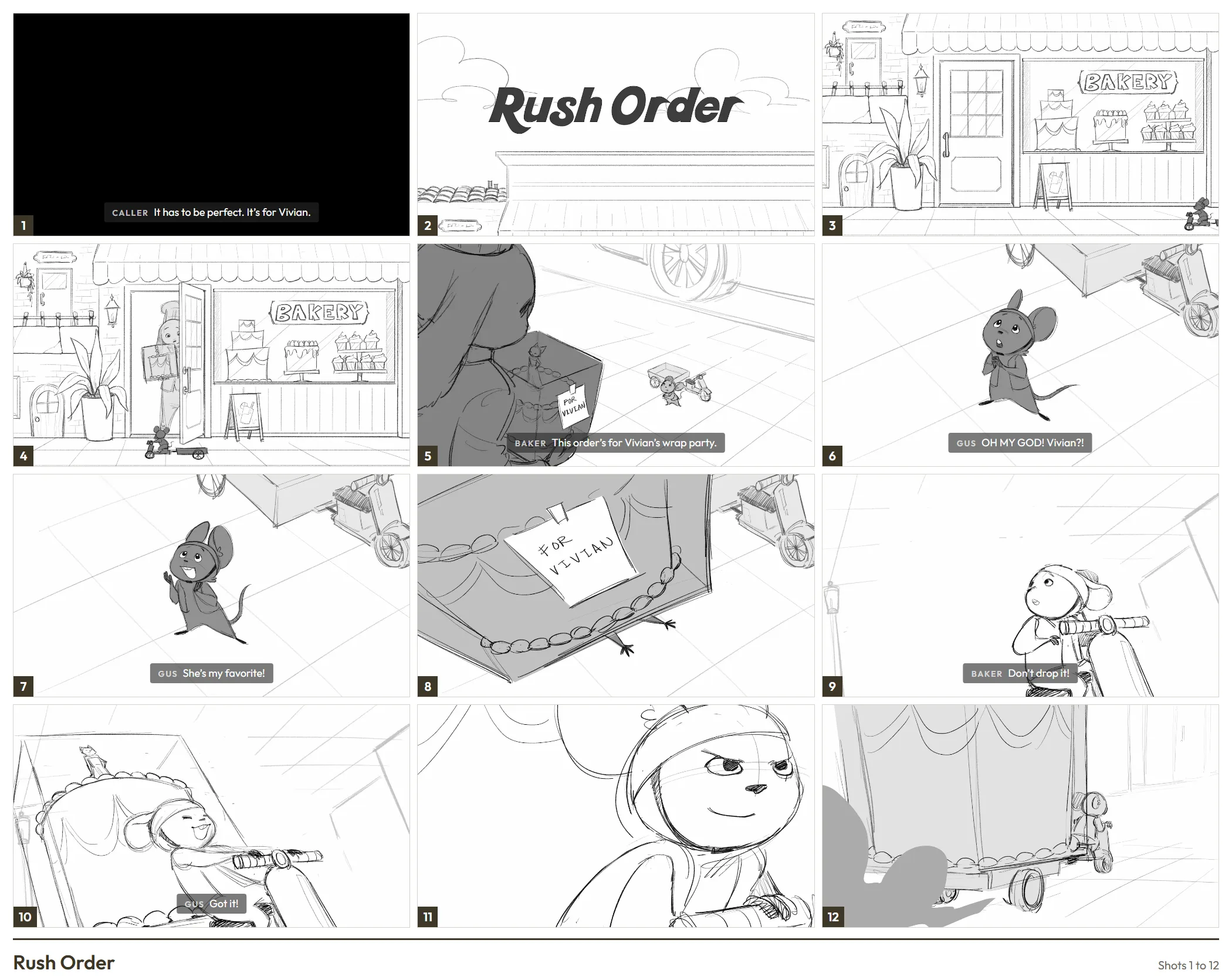 Rush Order, storyboard shots 1 to 12: the phone call, the bakery, and Gus finding out the cake is for Vivian