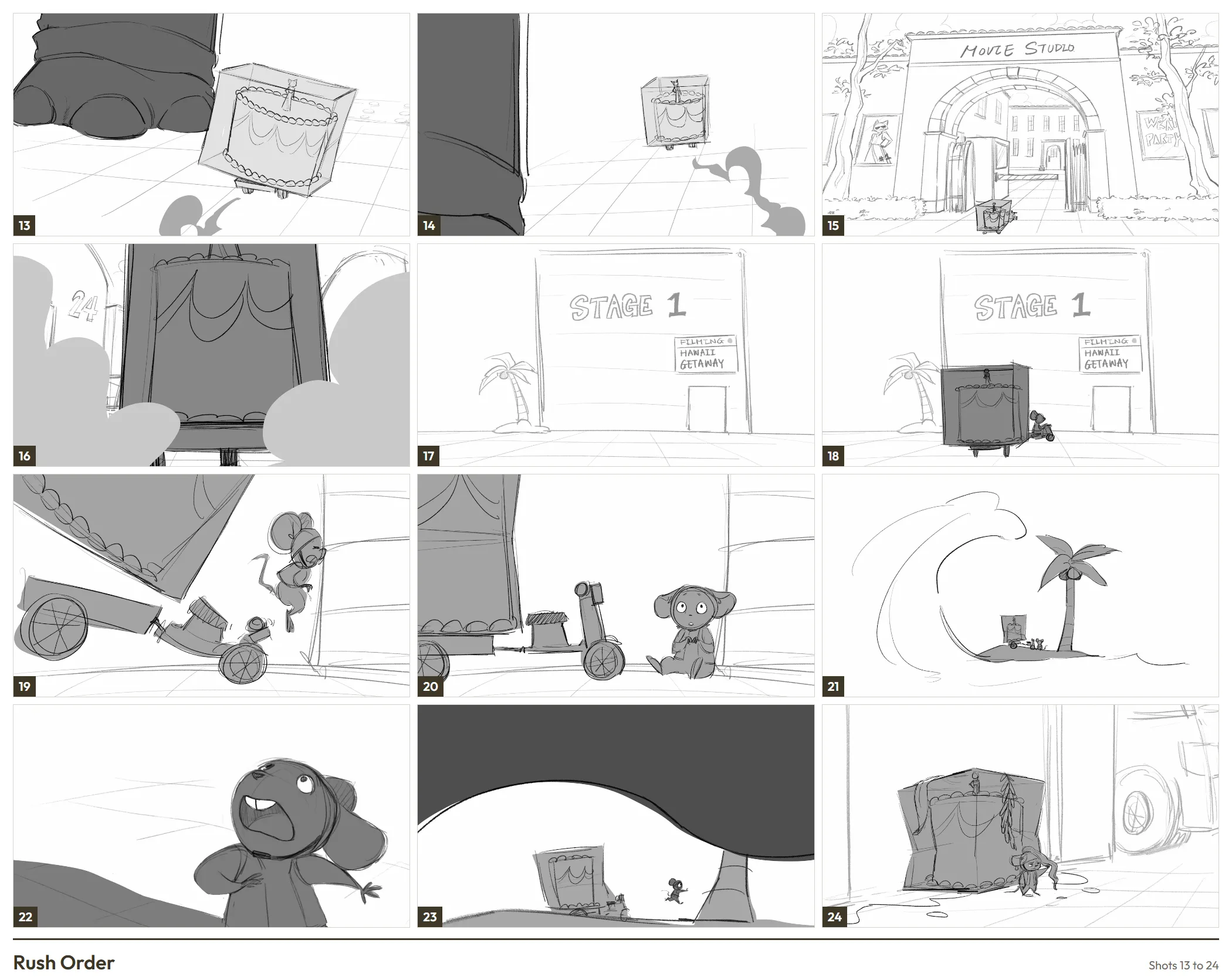 Rush Order, storyboard shots 13 to 24: racing onto the studio lot and wiping out on the Hawaii set
