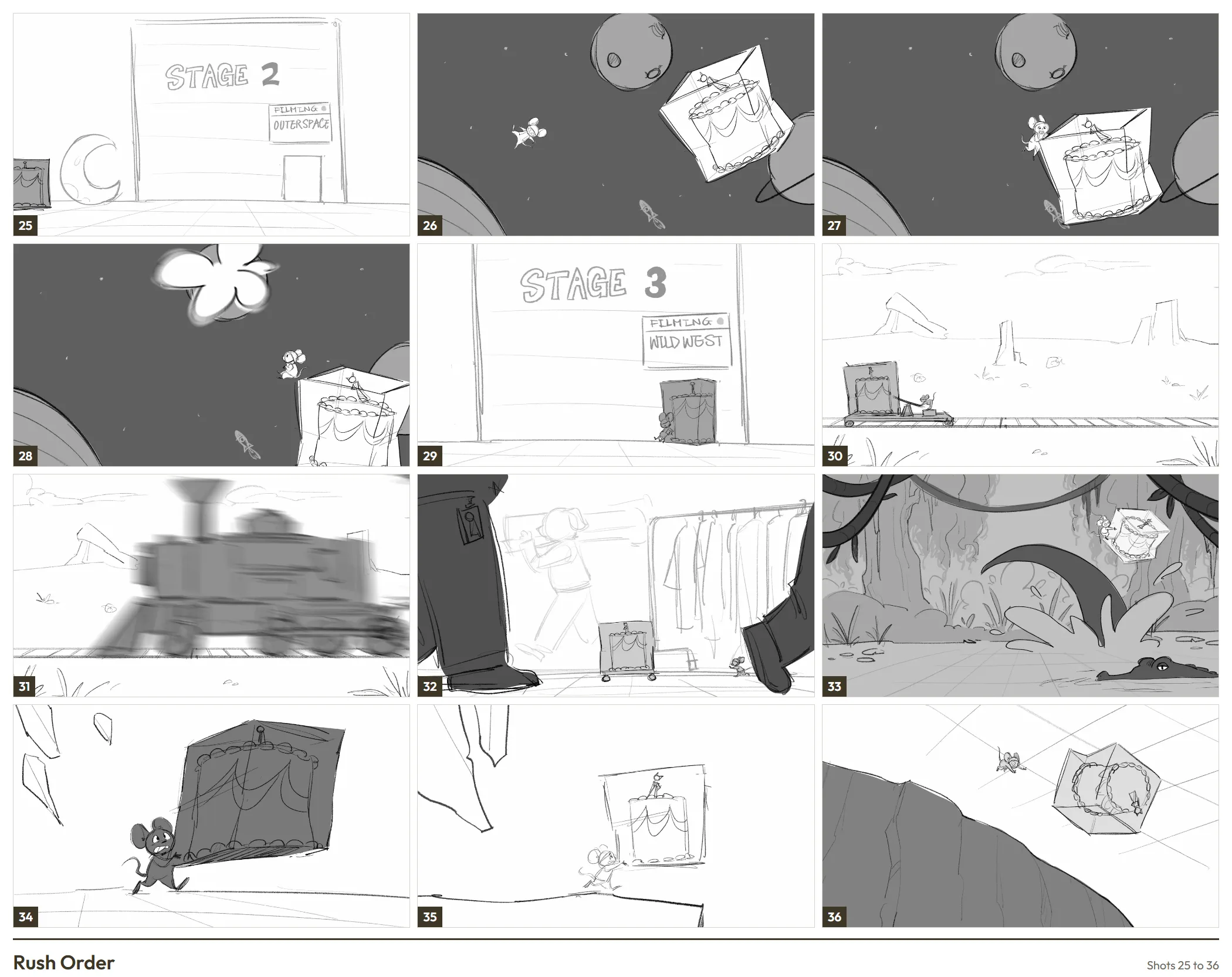 Rush Order, storyboard shots 25 to 36: outer space, the Wild West train, backstage and the jungle