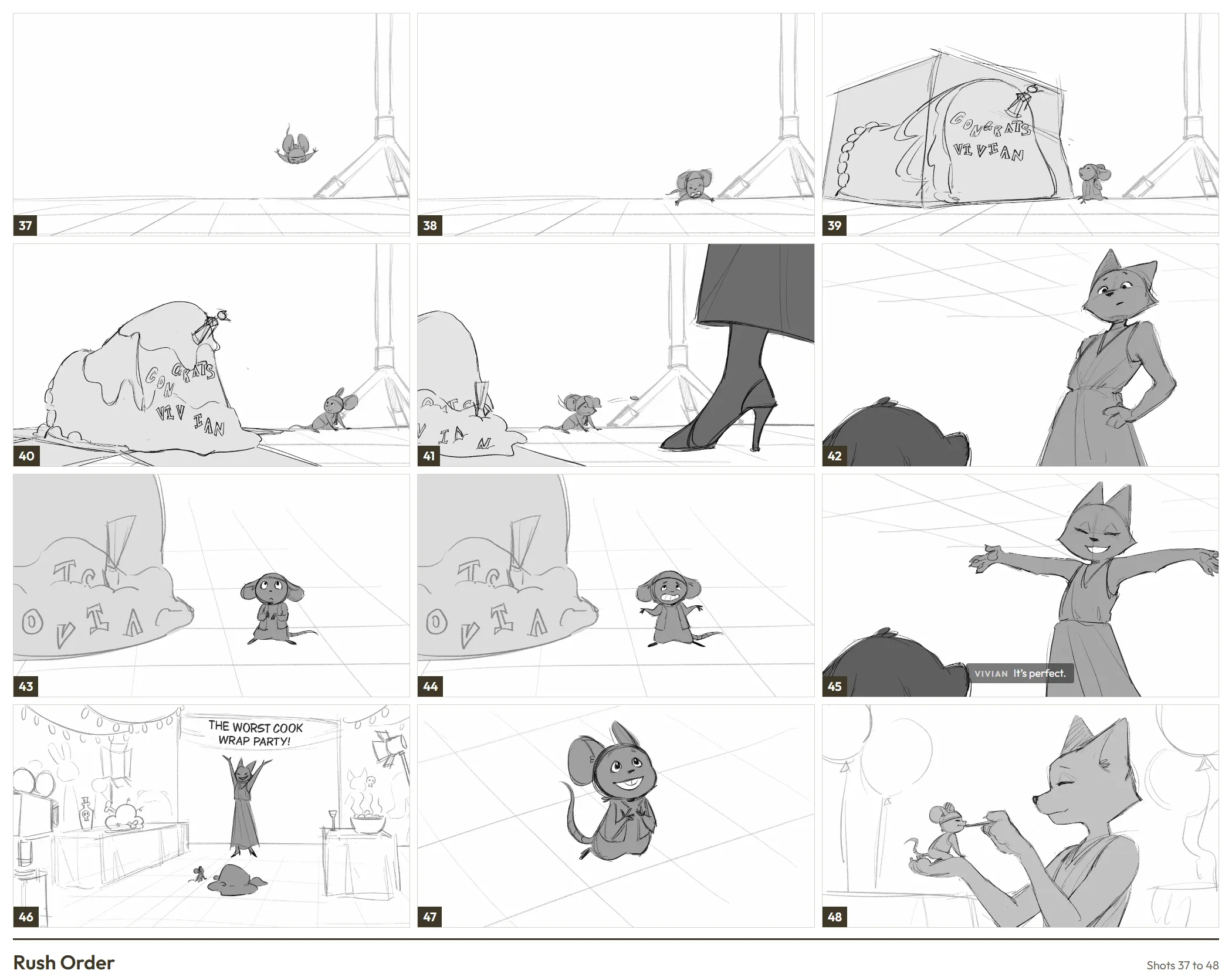 Rush Order, storyboard shots 37 to 48: the fall, the ruined cake, and Vivian saying it's perfect